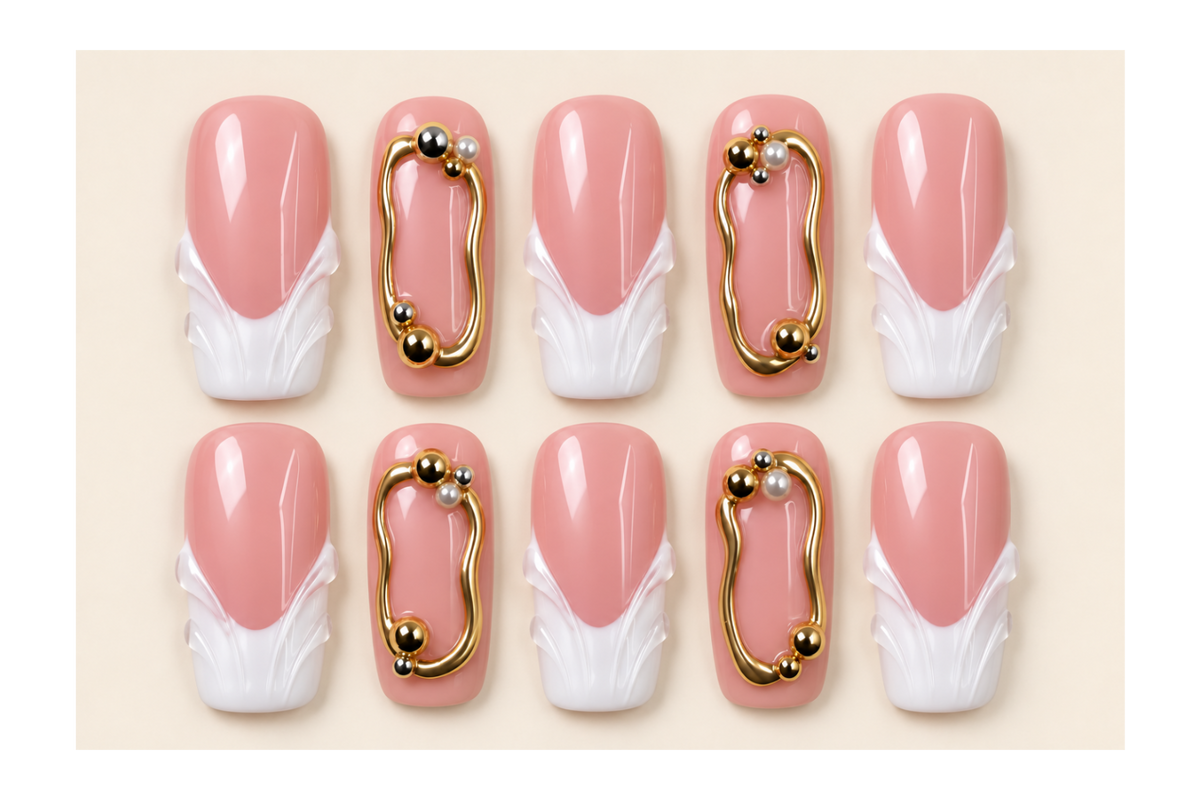 10 press-on nails Nuvor roses, avec pointes blanches sculptées, lignes dorées et petites billes décoratives sur fond ivoire.
