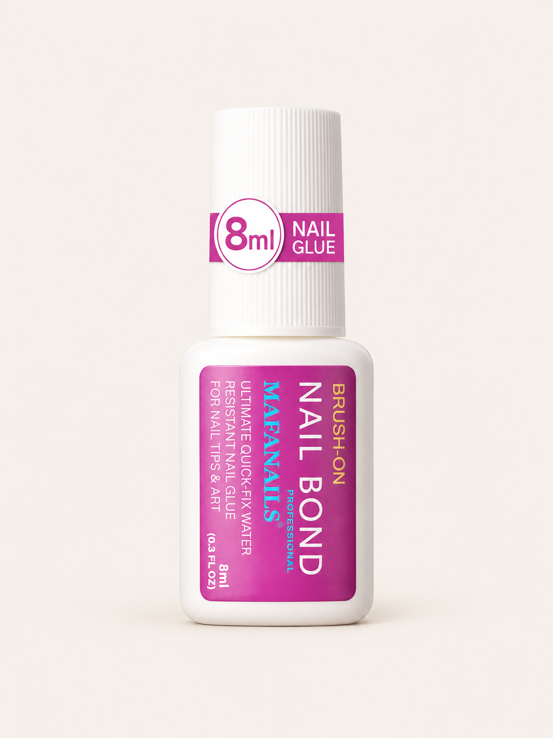 Flacon blanc de colle à pinceau pour faux ongles MAFANAILS, contenance 8 ml, sur fond ivoire.
